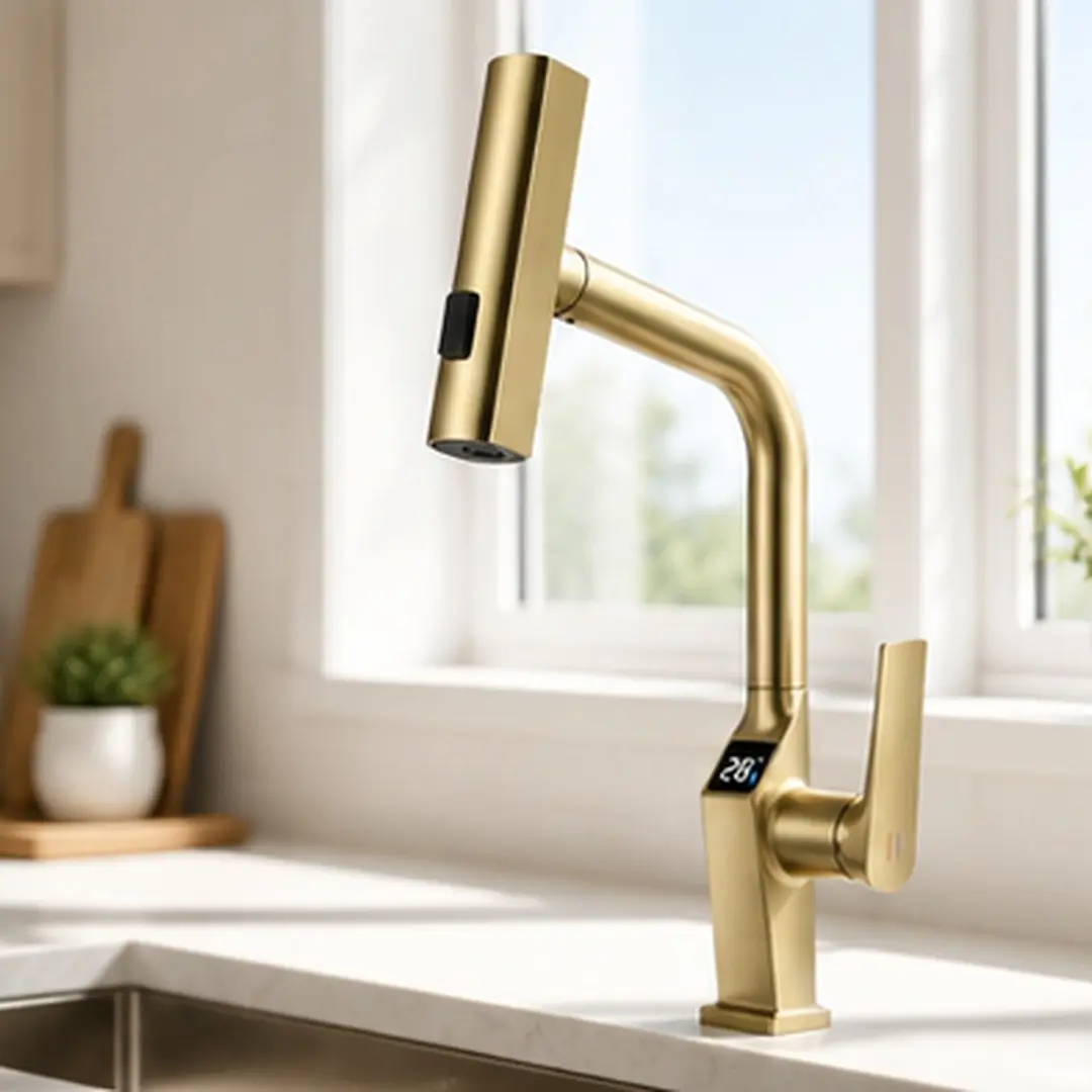 ARCH Brushed Gold Touchless Kitchen Faucet with LED Temperature Display, Motion Sense Hands-Free Operation, 3-Function Pull-Down Sprayer (Stream, Rain, Sweep), 360 Rotation Spout, Fingerprint-Resistant Metal Finish, Single Handle Sink Tap, 17.72 in
