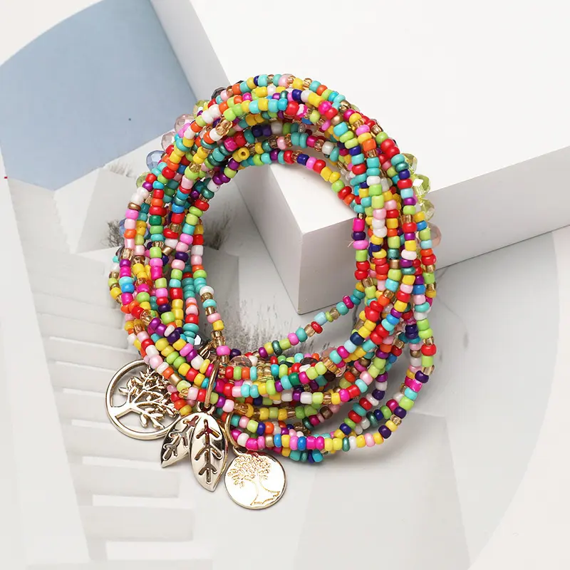 3pcs Unisex Colorful Bohemian Layered Plastic Rice Bead Matching Set Bracelets - Chic Copper Leaf Life Tree Pendant Bangle, Daily Wear Beach Party Accessories, Layered Beads