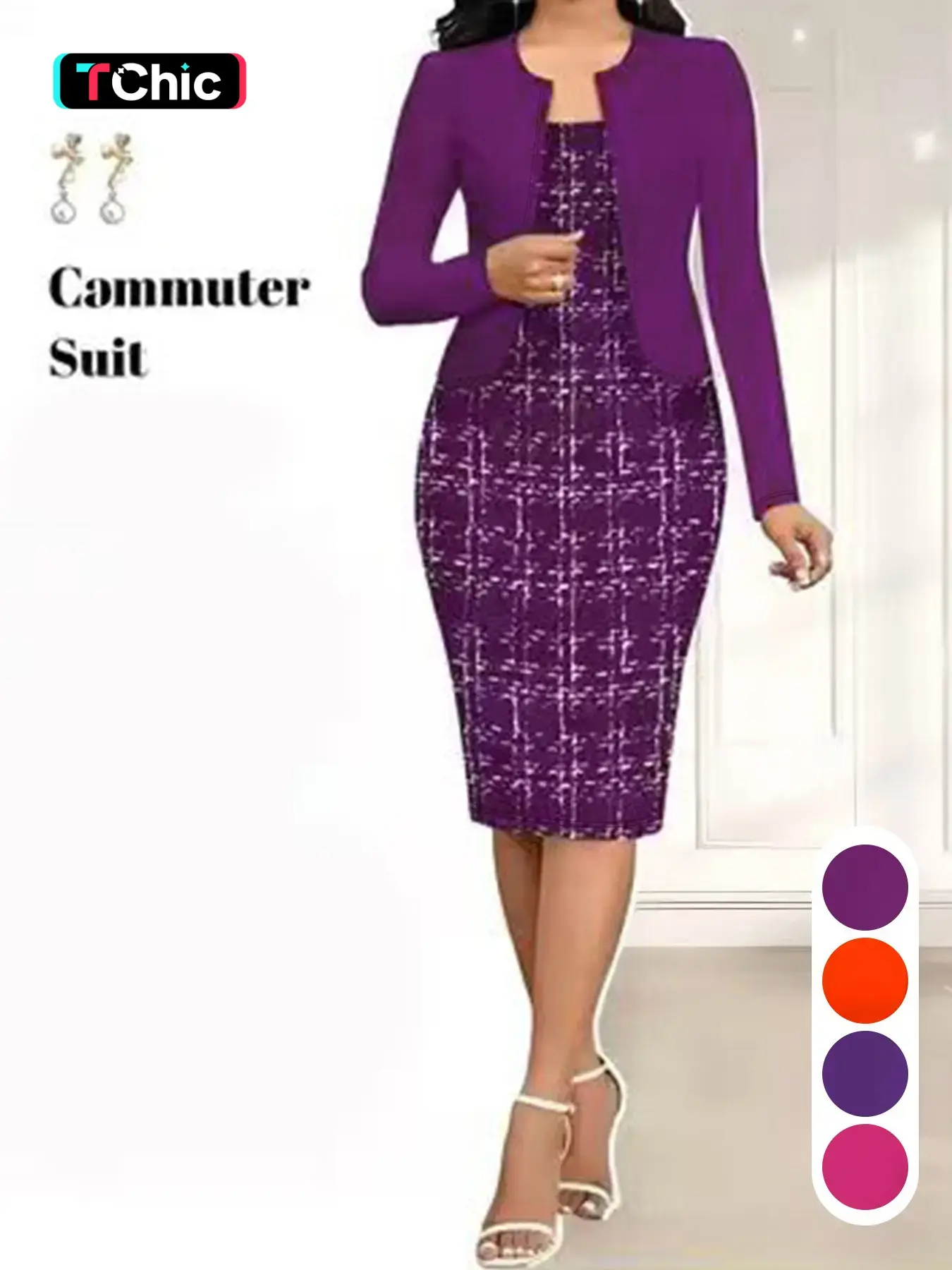 General fabric material, Polyester, Printed design, Long Sleeve, Casual, Spring and Autumn style knitted button-down cardigan top - classic straight skirt - two-piece set - suitable for women's wear - wedding guest dress - office dress - tight-fitting