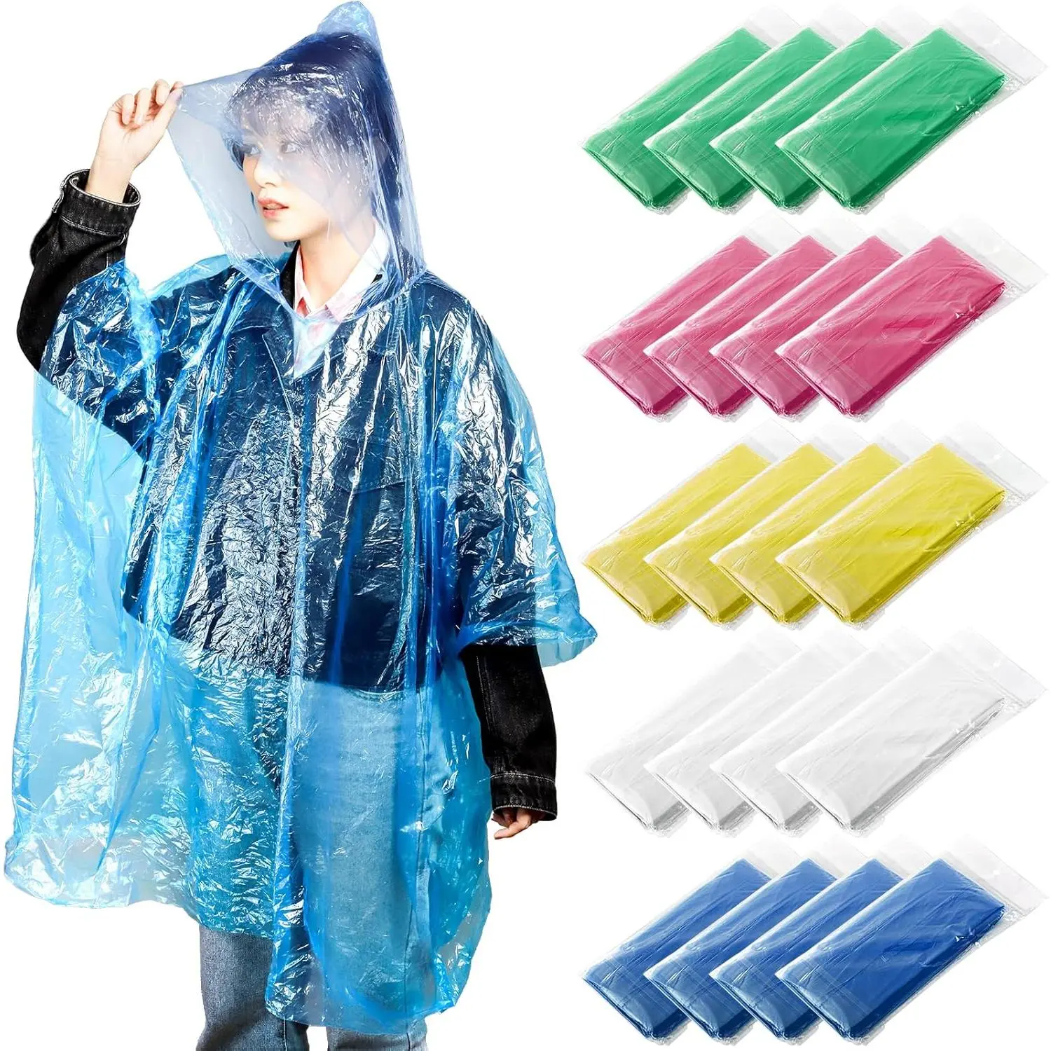 20 Pack Disposable Rain Ponchos Adults, Clear Plastic Emergency Raincoats with Hood, Individually Wrapped Bulk Rain Ponchos Waterproof Family Pack Camping