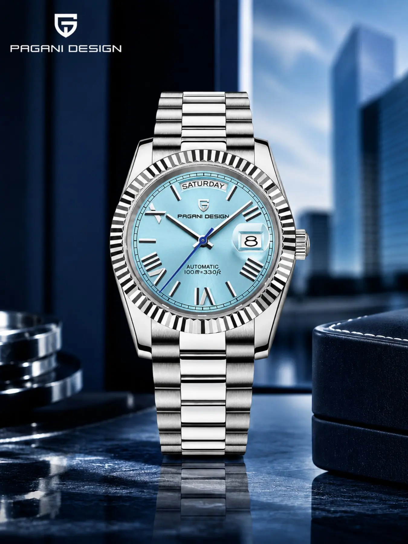 PAGANI DESIGN 2026 new DD40 men's automatic mechanical watch, stainless steel bracelet, sapphire crystal, Luminous Dial, day/date calendar, 100 meters waterproof, luminous luxury business watch PD1783