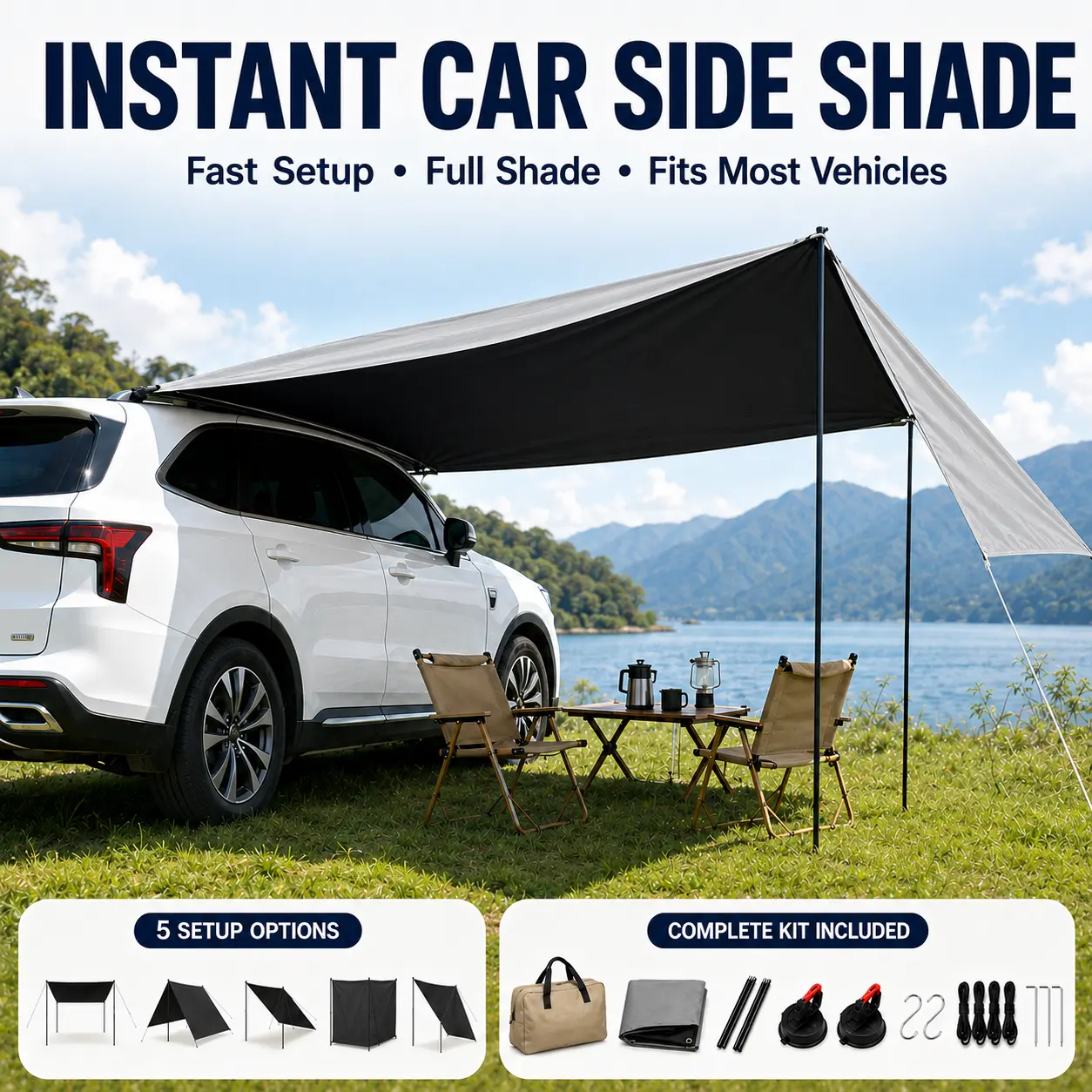 Portable Car Side Sunshade Awning with Suction Cup Mount, Foldable Basic Outdoor Shelter for SUV Camping, Backyard, Beach - 2 Versions, Black Coated Option, Varied Coverage Levels, Sohochic Light Shelter, Suction Cups
