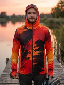 Men's Fish Print Sporty Fitted Jersey, Long Sleeve Breathable Summer Outdoor Clothing, Men's Fishing Apparel, No Button, with Collar