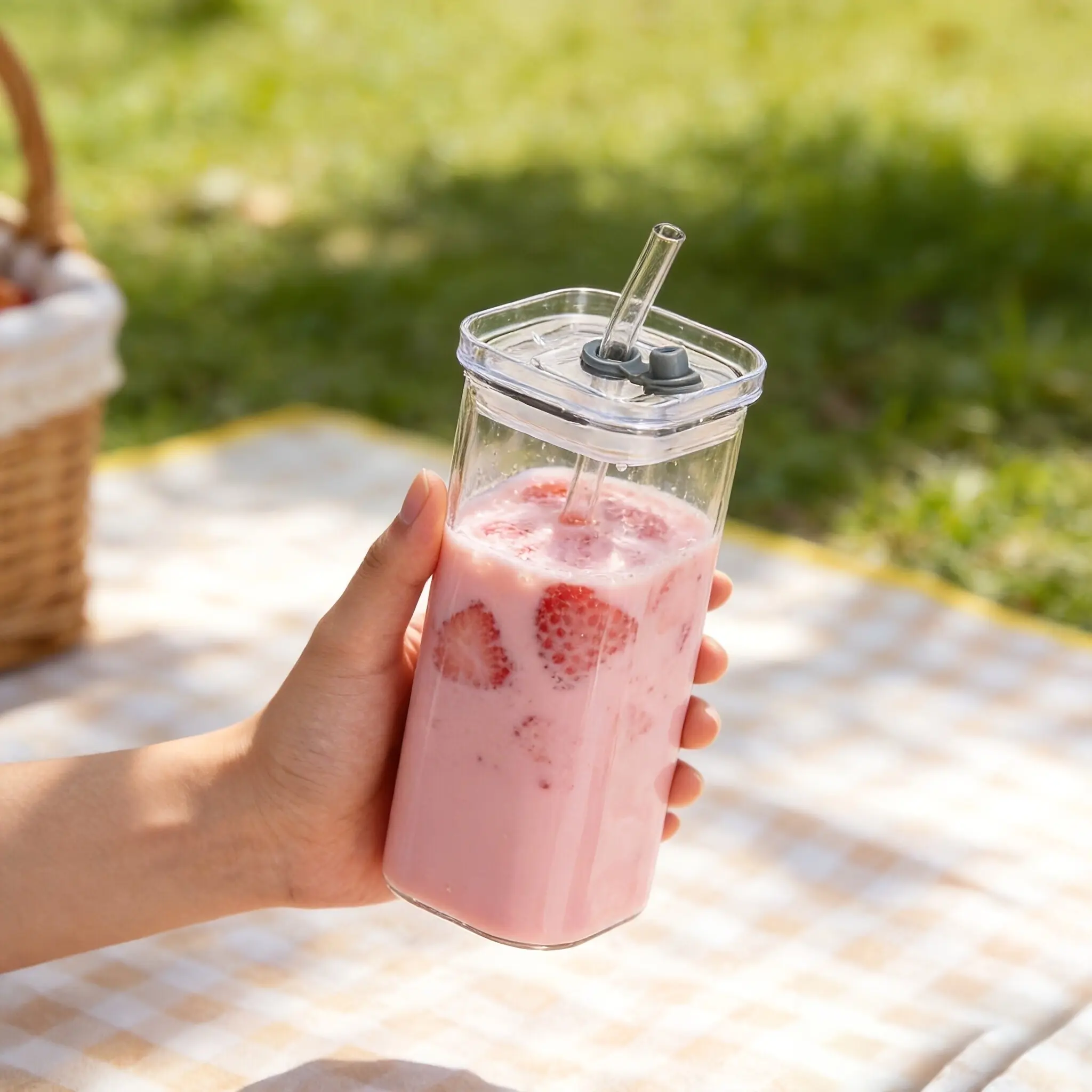 Square Glass Cup with Straw and Lid, Non-Slip Design, Detachable Lid, Reusable, Heat Resistant, Ideal for Coffee and Milk Tea, Perfect Gift