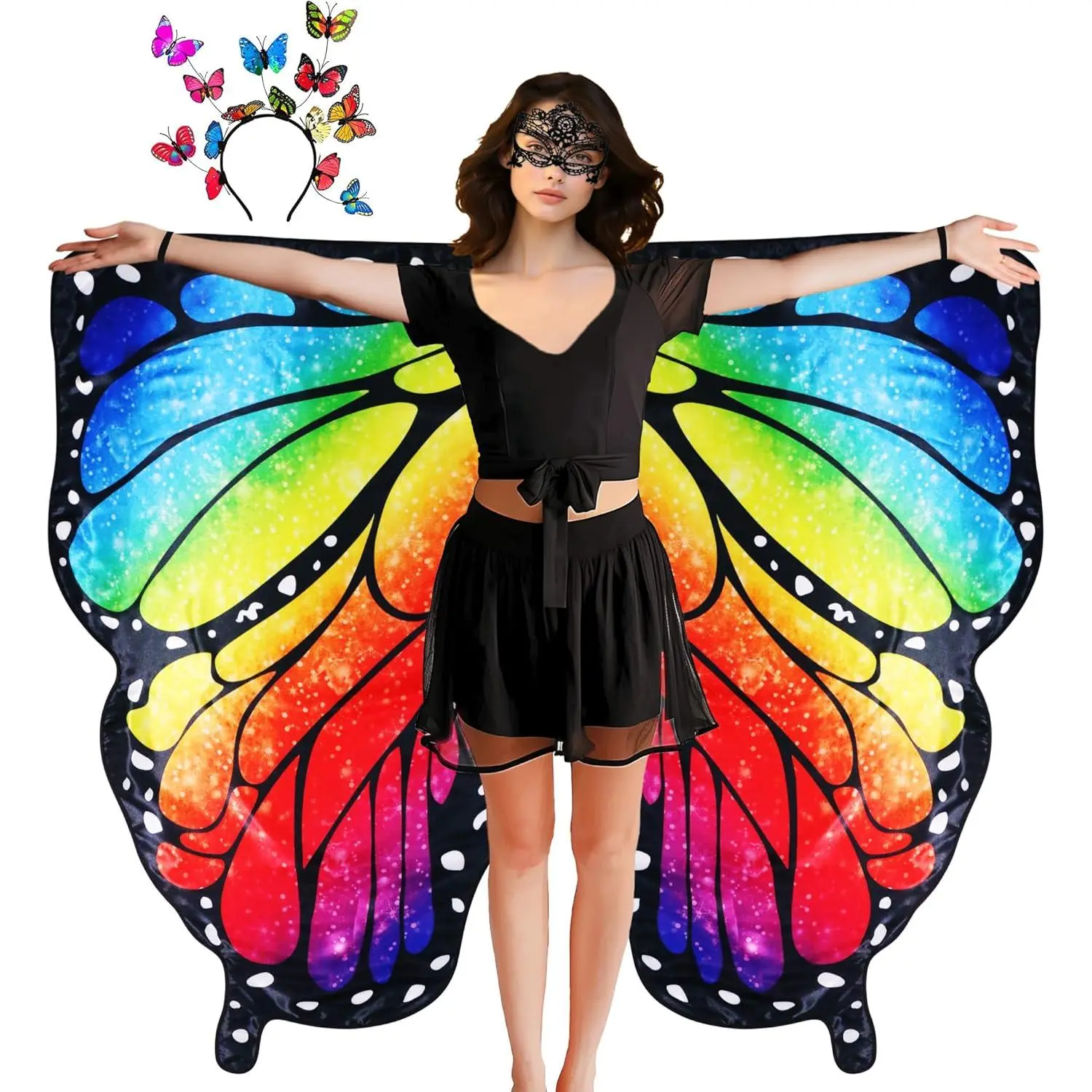 Double Sided Women Butterfly Wings Costumes for Adults Fairy Music-Festivals with Headband Halloween Cosplay Party