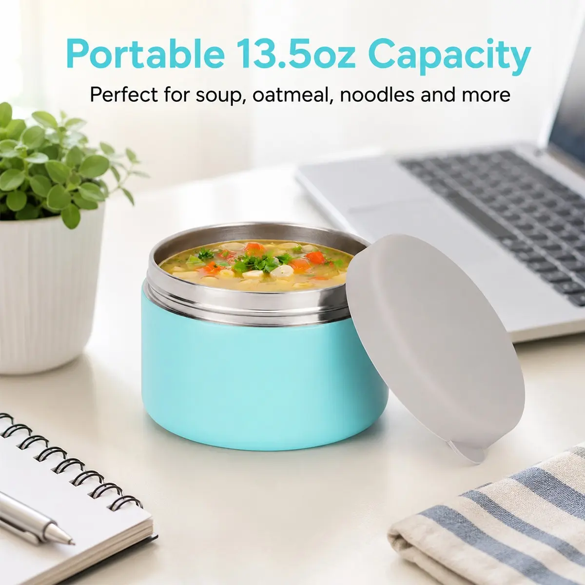 13.5oz Portable Soup Jar with Lid, Leak-Proof Noodle/salad Container, Lightweight for Camping, Hiking, Picnics, Back-To-School, Gift Idea