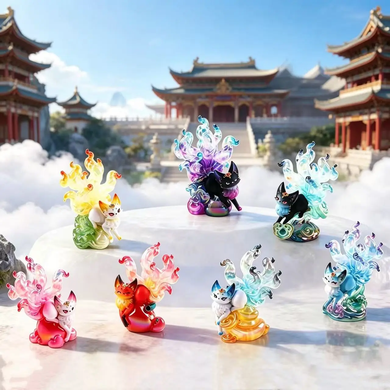 Cute Colorful Nine-Tailed Fox Handmade Decorative Desktop Decoration, Unique Collectible Figurine, Perfect Gift for Anime Enthusiasts, Kawaii Display Decor