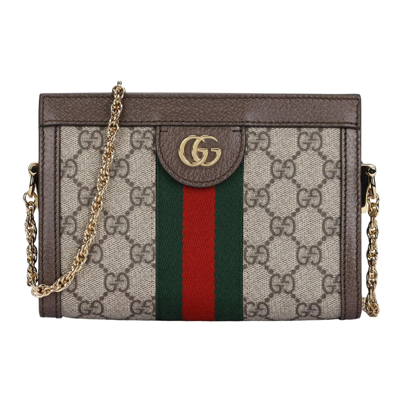 Gucci Ophidia Vintage GG Logo Stripe Canvas and Leather Crossbody Clutch Bag for Women, Ebony and Brown