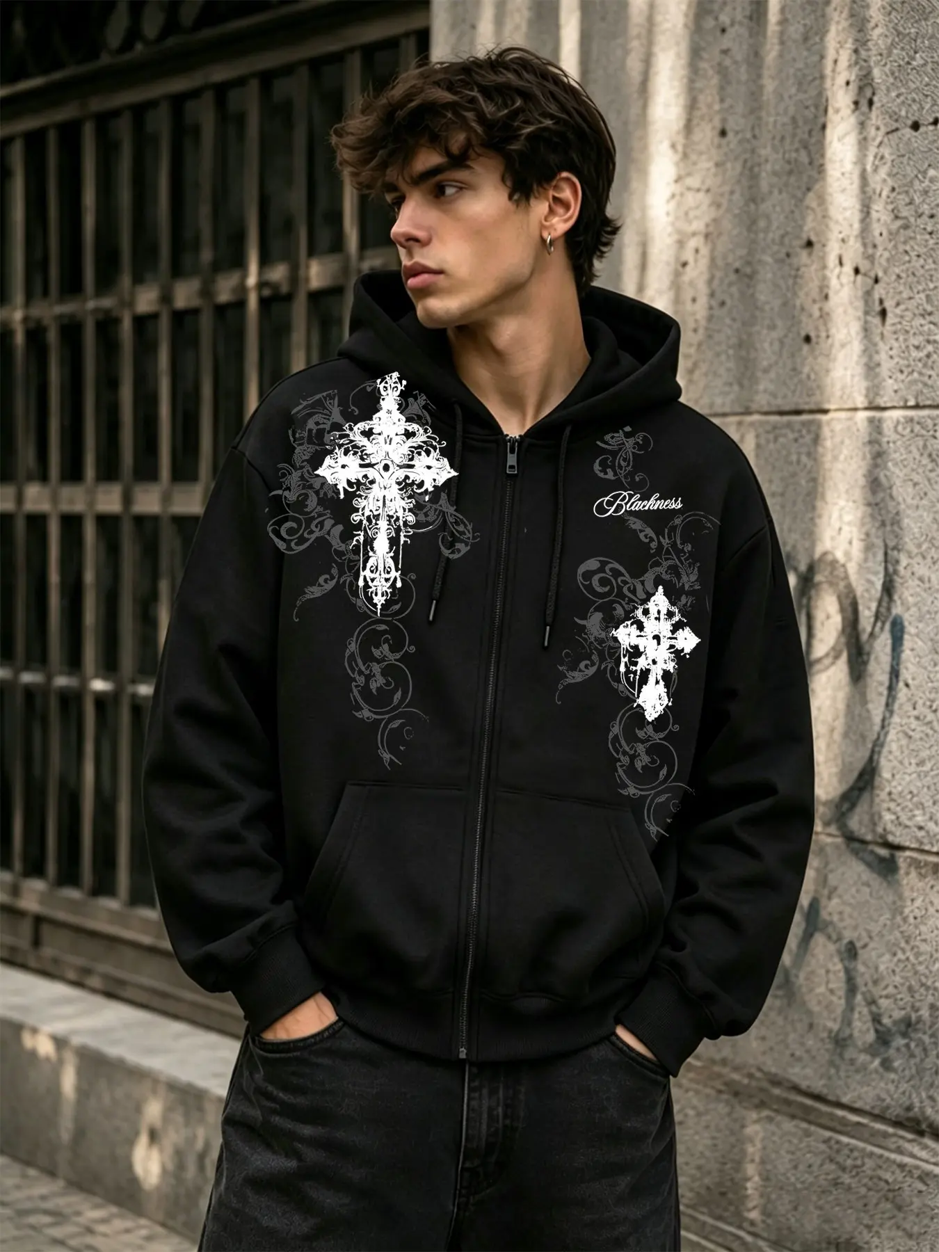 Double Gothic Cross Vine Floral Letter Print Zipper Hoodie, Loose Fit Asymmetrical Street Style Unisex Casual Streetwear Gothic Graphic Sweatshirt, Fall & Winter Clothing