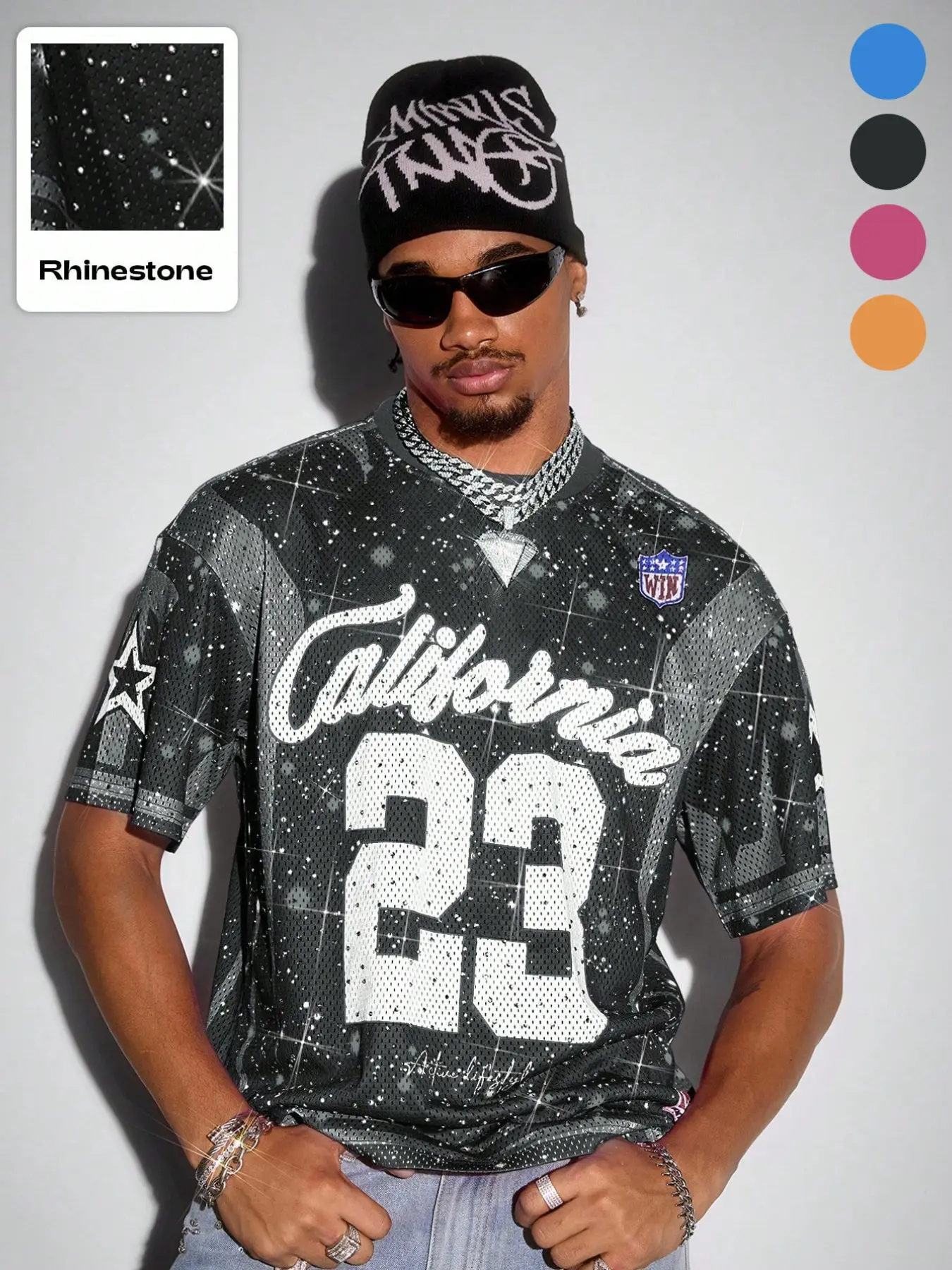 Millennial Style Glittery American Basketball Jersey, Throwback Jersey, Casual Sports Jersey, Full Body Star Rhinestone Galaxy Texture, Breathable Mesh Quick-Dry Fabric, Vintage California Print, Oversized Fit, Multiple Colors Available