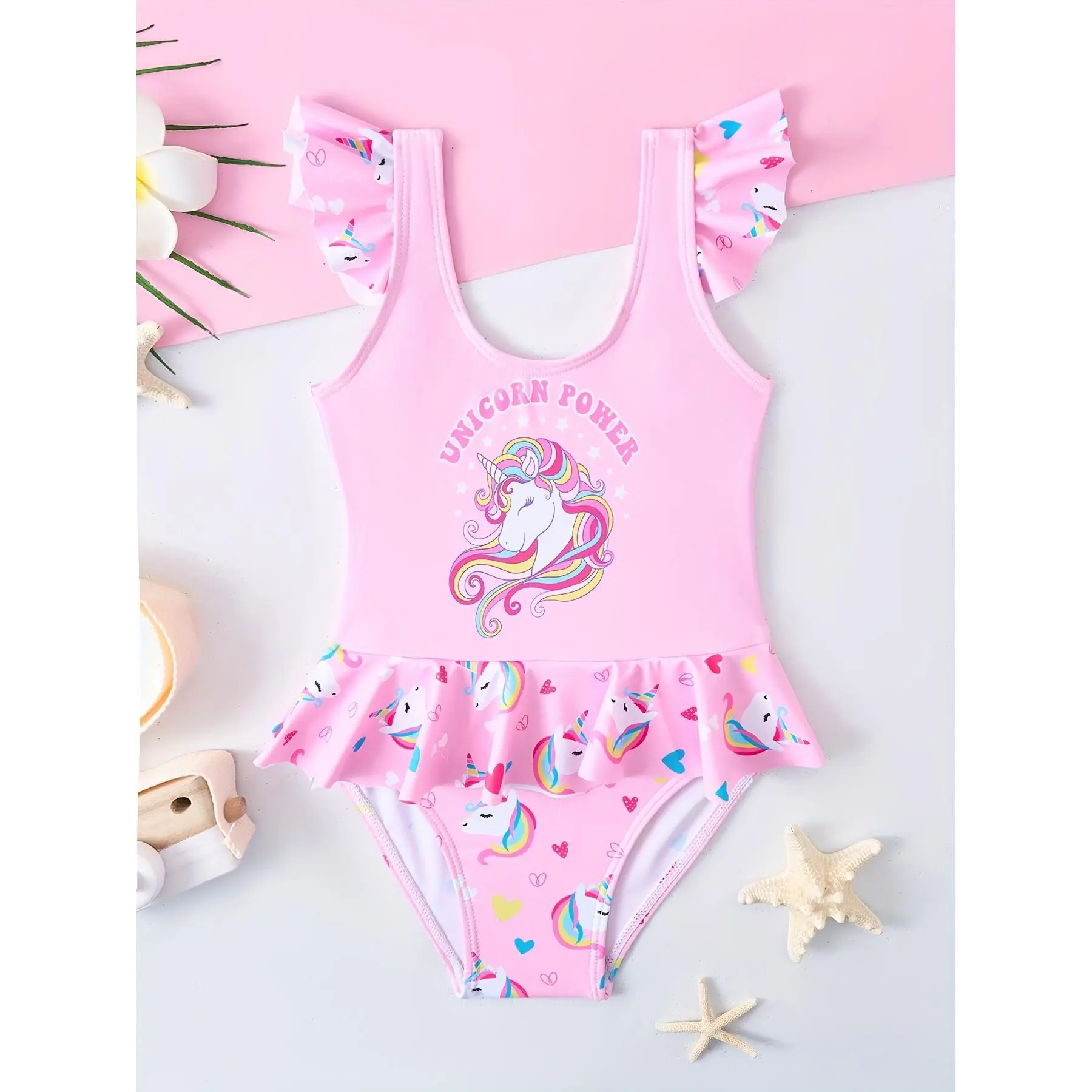 Girls' Cute 1-Piece Unicorn Print Swimming Swimsuit - Long Sleeve Ruffle Hem, Liner Lined Breathable Girlswear for Pool Parties