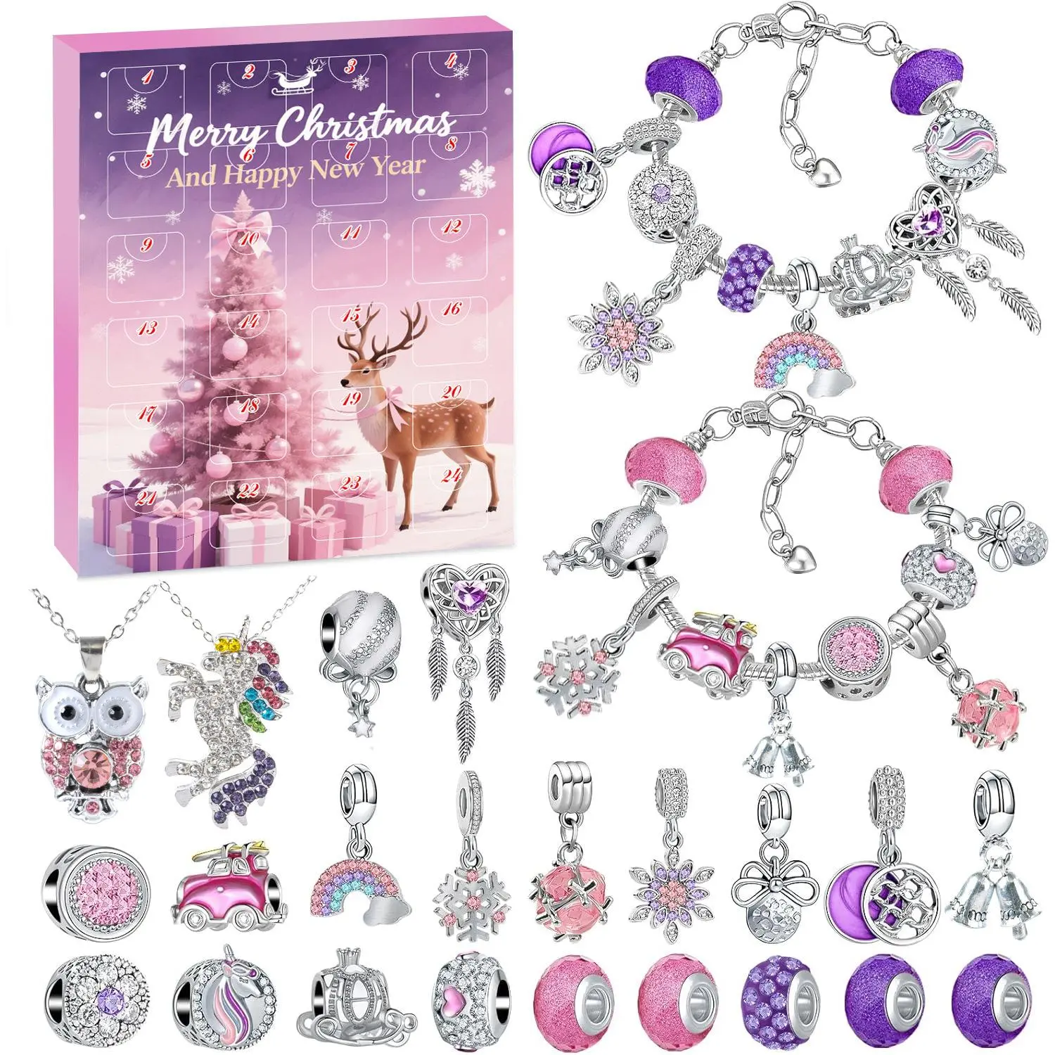 Women's Teens' 24-Day Christmas Advent Calendar Jewelry Gift Set - DIY Bracelet Crafting Bead Kit with Crystal Charms, Female Girlset Xmas Surprise Blind Box silver-tone pagan-inspired small pendant