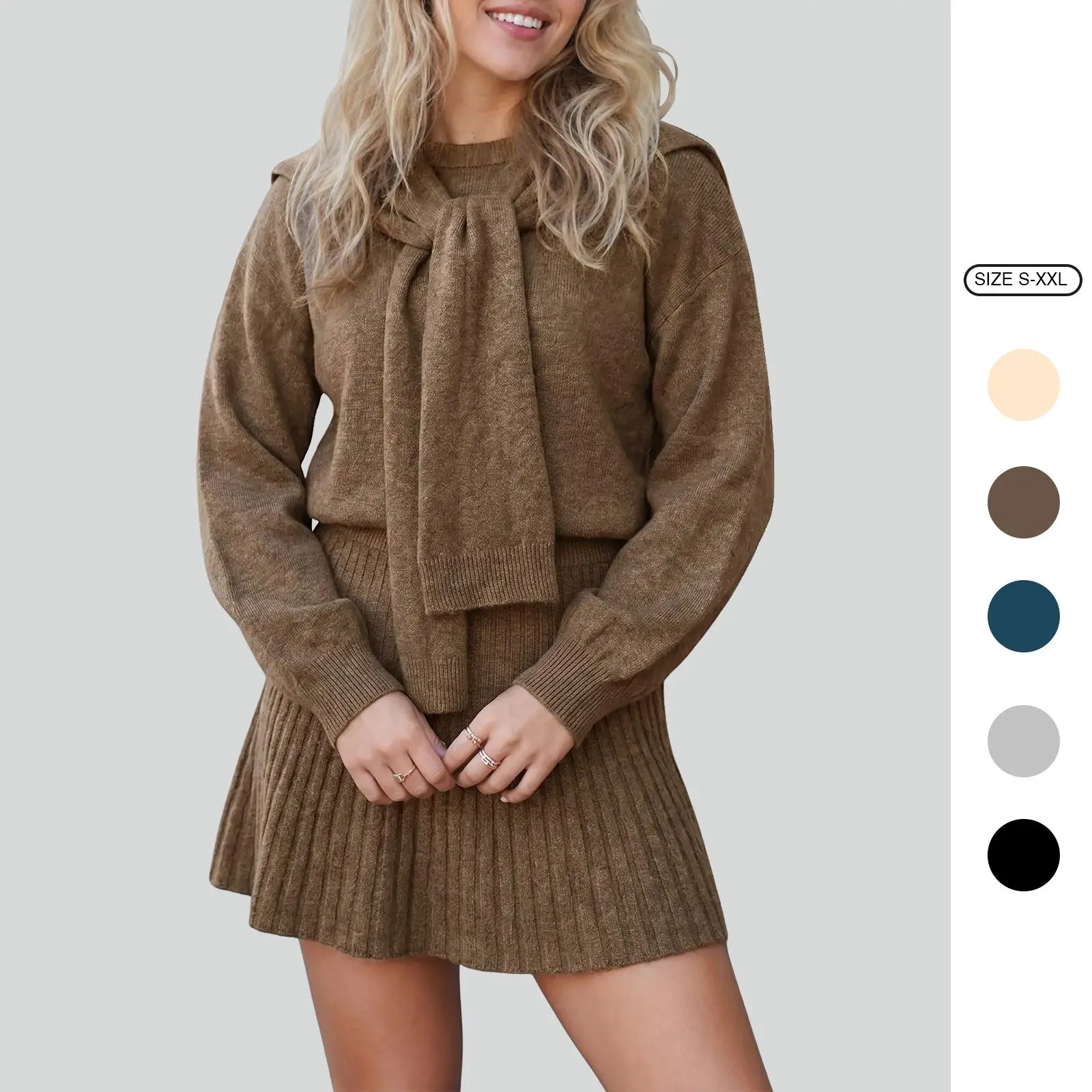 Imily Bela Cozy Knit Tie-Neck Sweater & Skirt Set - Women's Ribbed Two-Piece Outfit