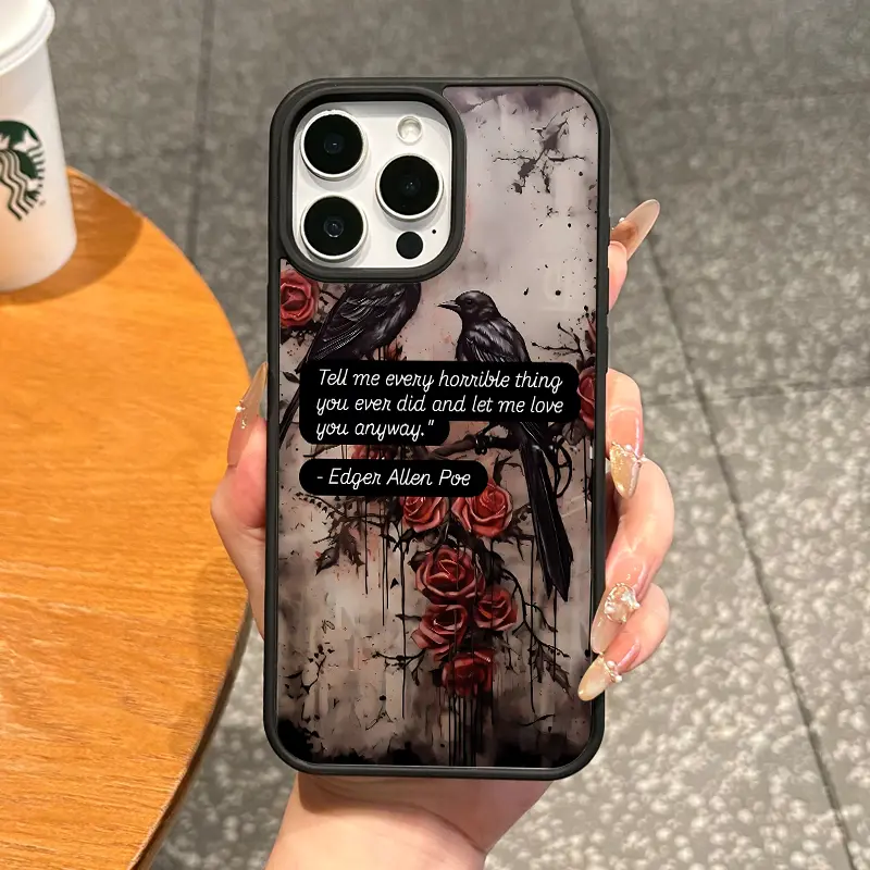 Twin Raven Red Rose Phone Case, Gothic Dark Romance Quote Black Bumper Cover for iPhone 17 16 15 14 13 12 11 X Plus Pro Max, Alt Reader Gift