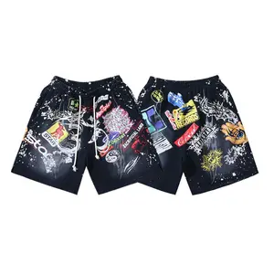 HELLSTAR Summer New Drop Colorful Print Washed Cotton Athletic Shorts for Men, Breathable Fitness Gym Streetwear Casual Shorts, Star Pattern Letter Graphic Y2K Vintage Hype Baggy Comfortable Soft Lightweight Summer Running Basketball Shorts