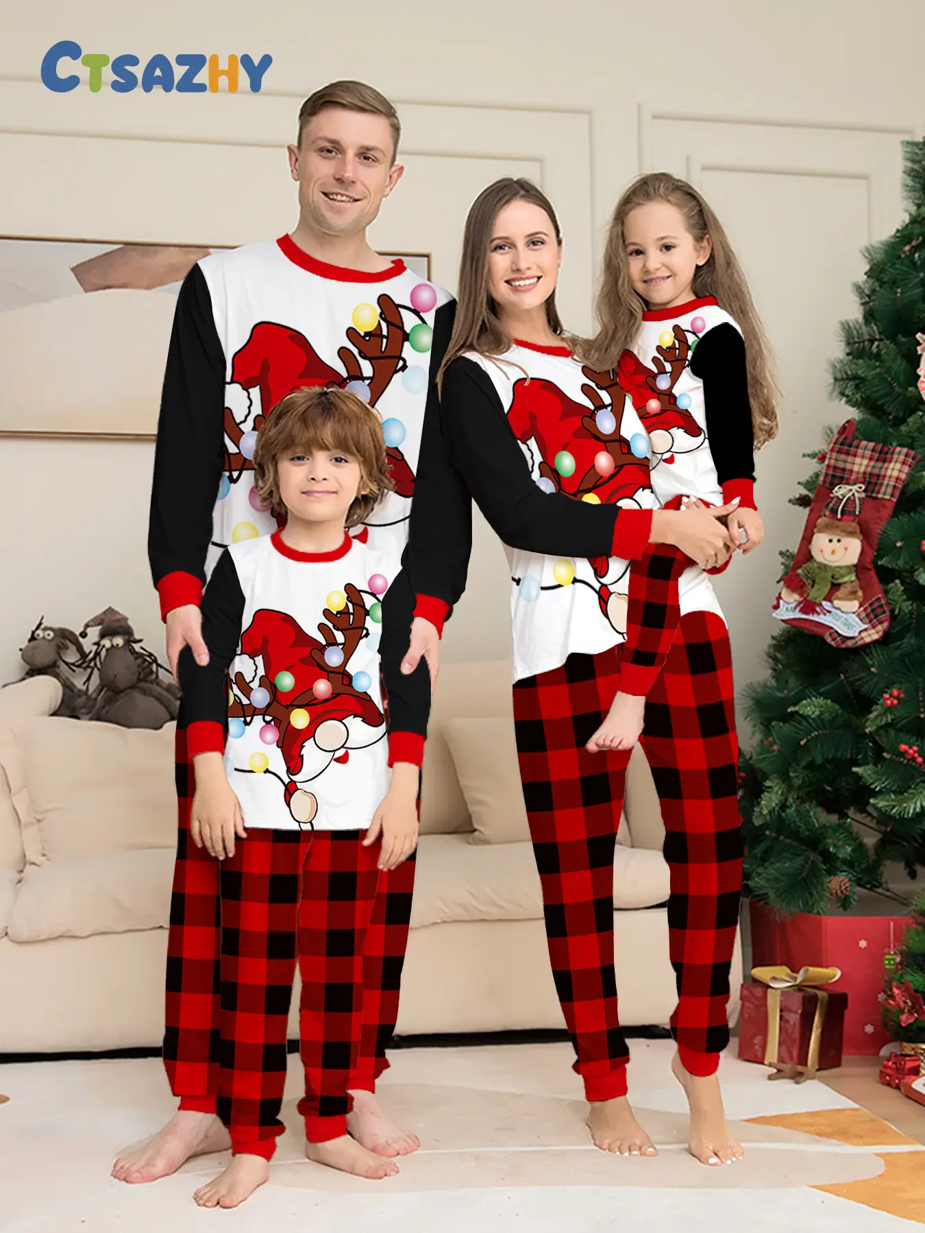 Family of Four Xmas Santa Hat Pyjamas Breathable Casual Loungewear For Party Photos Gift