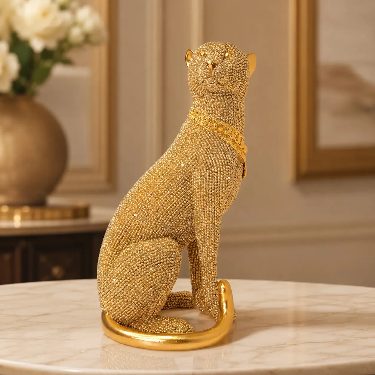 Modern Luxury Artistic Leopard Resin Sculpture, Gold and Silver Color Sitting Pose, Living Room TV Cabinet Decor, Entryway Ornament, Home Decoration Artwork