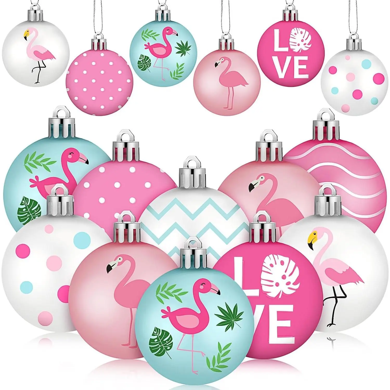 24 Pcs Summer Flamingo Ornaments 2 Inch Pink Summer Tree Decorations Tropical Palm Hanging Decorations Ornament Dotted Stripe Ball Flamingo Decor for Small Tree Home Indoor Wreath Decor