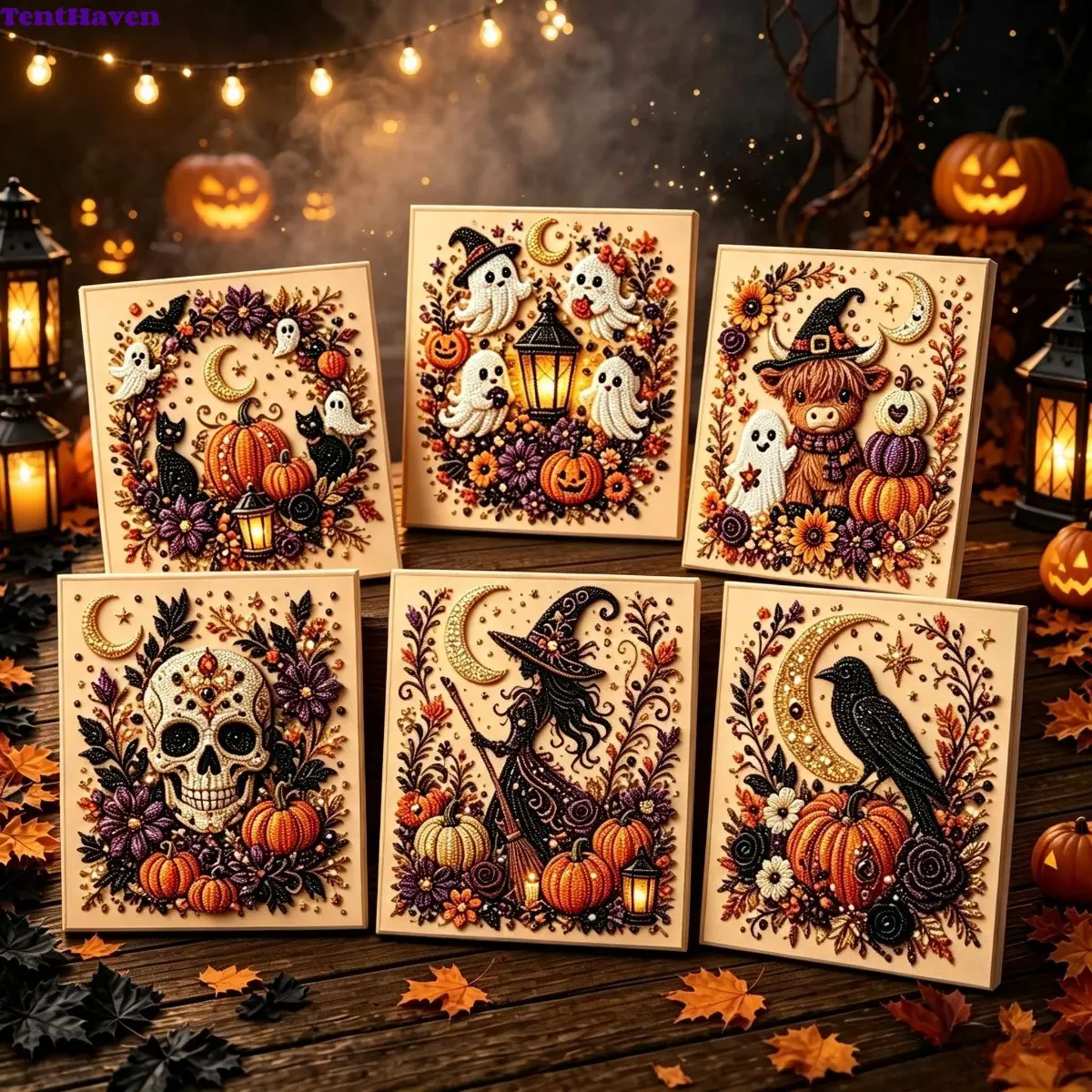 Whimsical Ghost & Pumpkin Pearl Art DIY Craft Kit, 10x10in Full Bead Set for Adults & Kids, Beginner-Friendly Fall Halloween Home Wall Decor