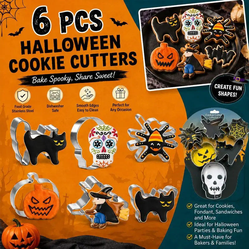 6 Halloween cookie cutting mold sets, stainless steel baking molds, including spider, bat, pumpkin, skeleton, cat, and web shapes, suitable for cookie, flip sugar, sandwich, and pie baking.