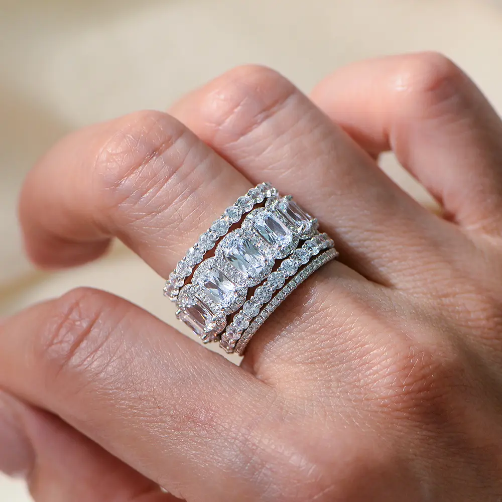 S925 Silver Iced Out CZ Eternity Ring for Women, Radiant Cut Sparkly Wedding Band, Luxury Diamond Look Promise Ring Gift