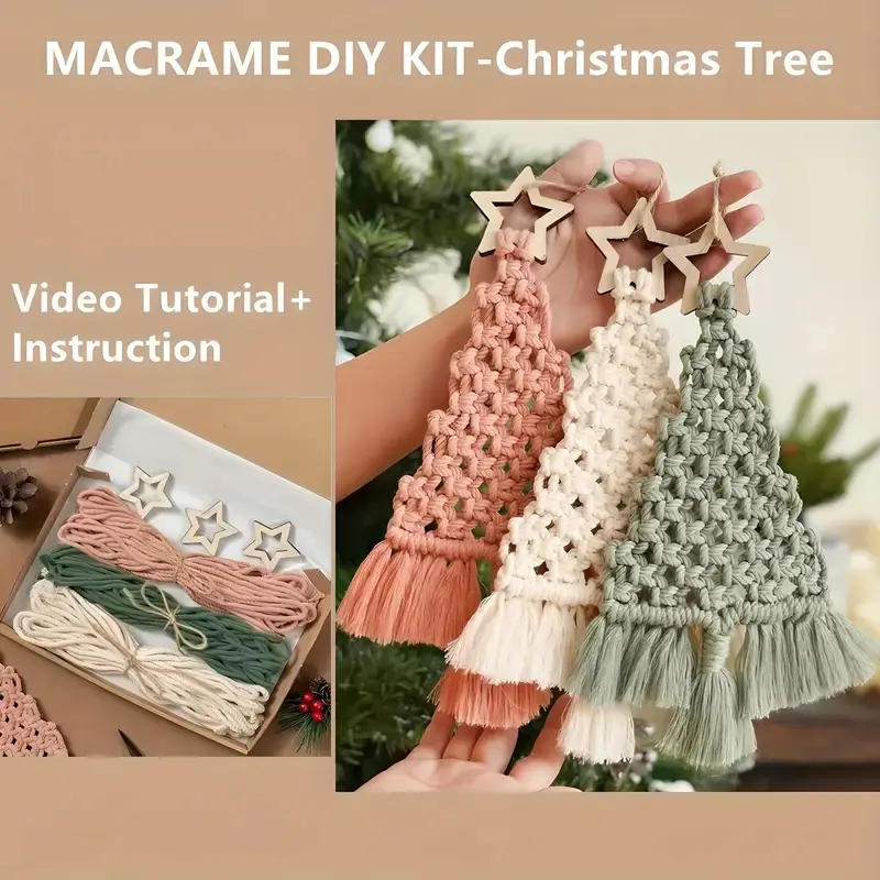 3-Piece Macrame Christmas Tree DIY Kit, Beginner-Friendly Craft Set, Emerald, Cream Color, - Perfect Holiday Gift