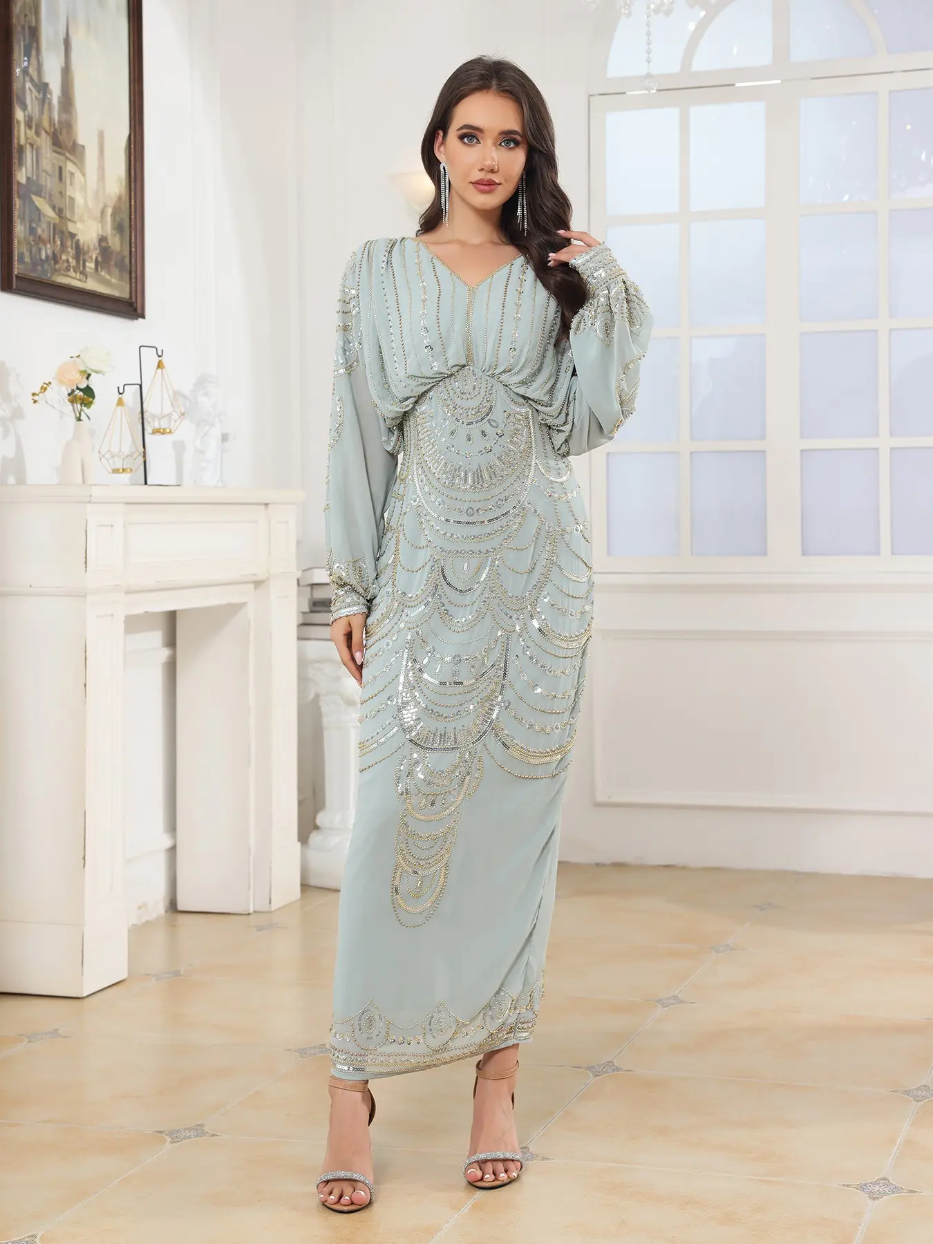 Muslim Fashion Dress, Islamic Muslim Clothing, Classy Modest Fashionable Dresses, Modest Style Dress, Modest Mesh Sequin Embroidered Evening Gown, Wedding Party Dress, Elegant Loose Fit Batwing Sleeve Dresses for All Seasons, Islamic Modesty Clothes