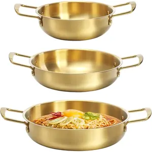Okllen Set of 3 Korean Ramen Noodle Pot with Handles, Stainless Steel Everyday Pan, Golden Korean Cooking Pot for Soup, Noodle, Pasta, Home and Outdoor, Dishwasher Safe, Size 7", 8.7", 9.5"