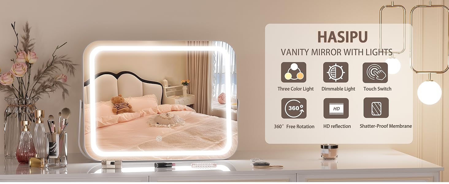 Mirror with Lights, 10" x 12" LED Makeup Mirror, 3 Modes Light, Dimmable, 360 °, Rectangle White Frame