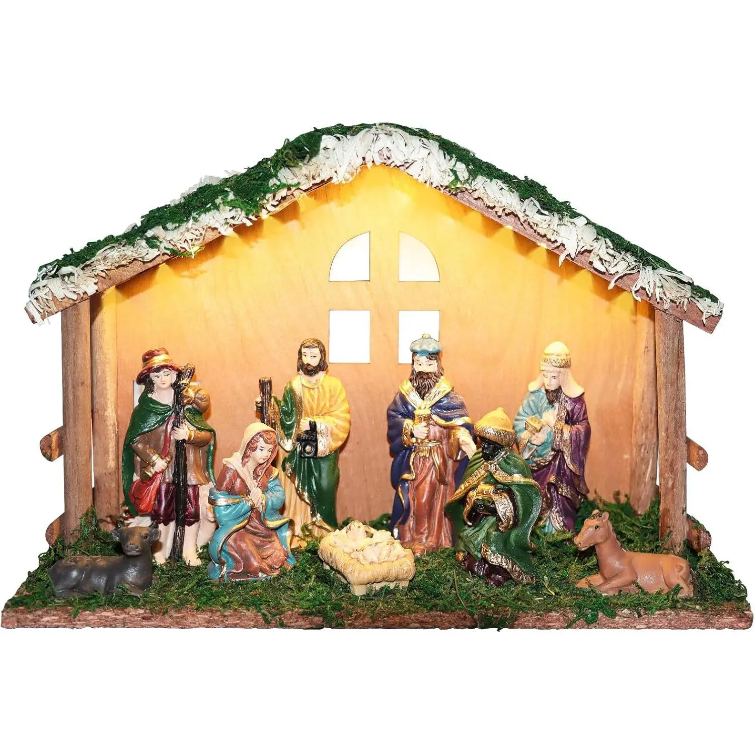 Lighted Christmas Nativity Set with Wooden Stable, Nativity Scene Set & Figures for Indoor Tabletop Christmas Decorations