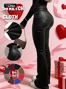 GILIPUR Y2K High Waist Coating Flare Leg Pants,Casual Lounge Pants Comfy Plain Button Pocket Trousers,Women's Ladies Bottoms For All Seasons Fall & Winter Clothes,Stretchy Coating  Flared Leg Pants,Kardashian Style,T-Chic