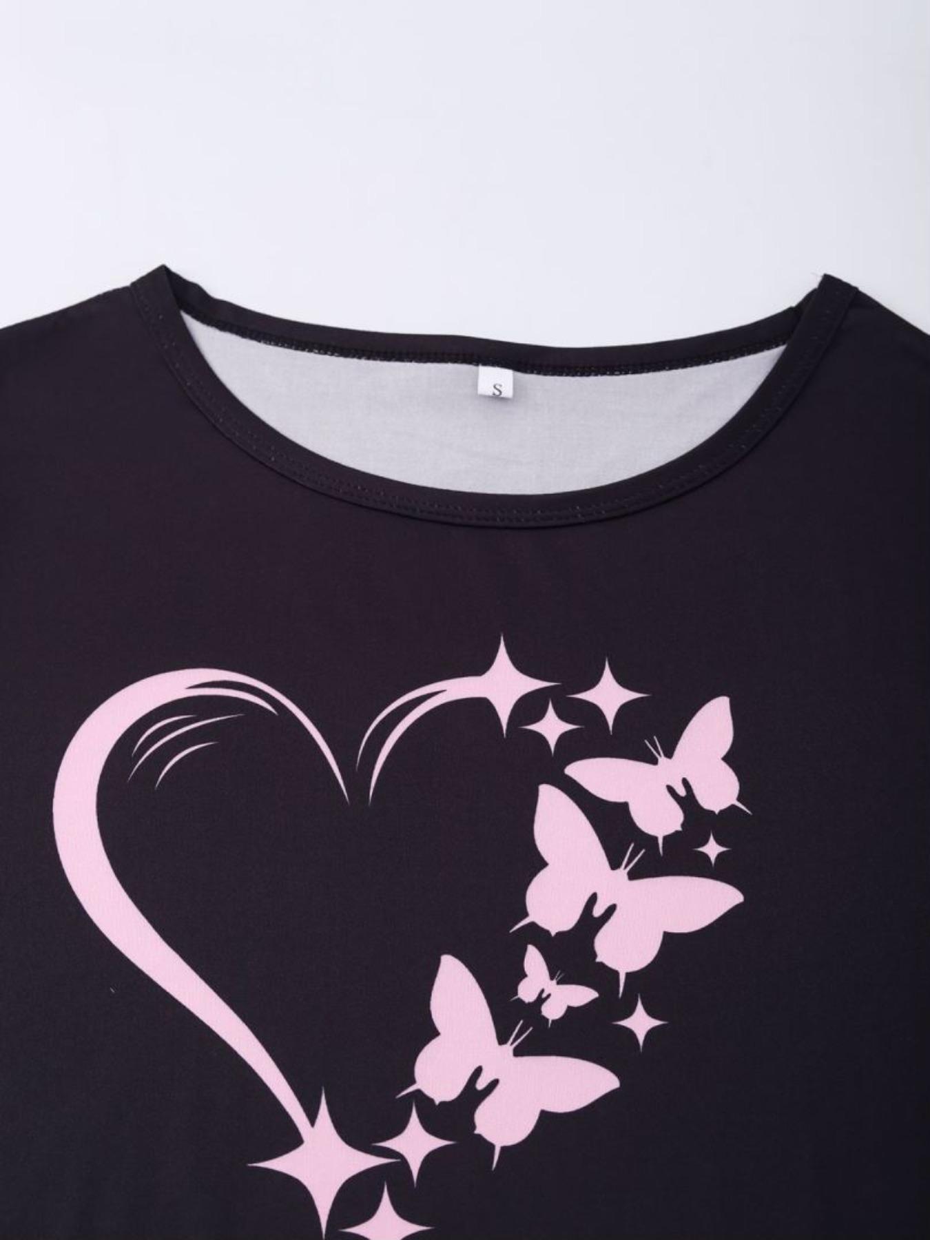 Women's Butterfly & Heart Print Tee & Elastic Waist Pants Pyjama Set, Casual Comfy Round Neck Short Sleeve T-shirt & Trousers PJ Set, Ladies Sleepwear for All Seasons, Sweetheart Pajama Set