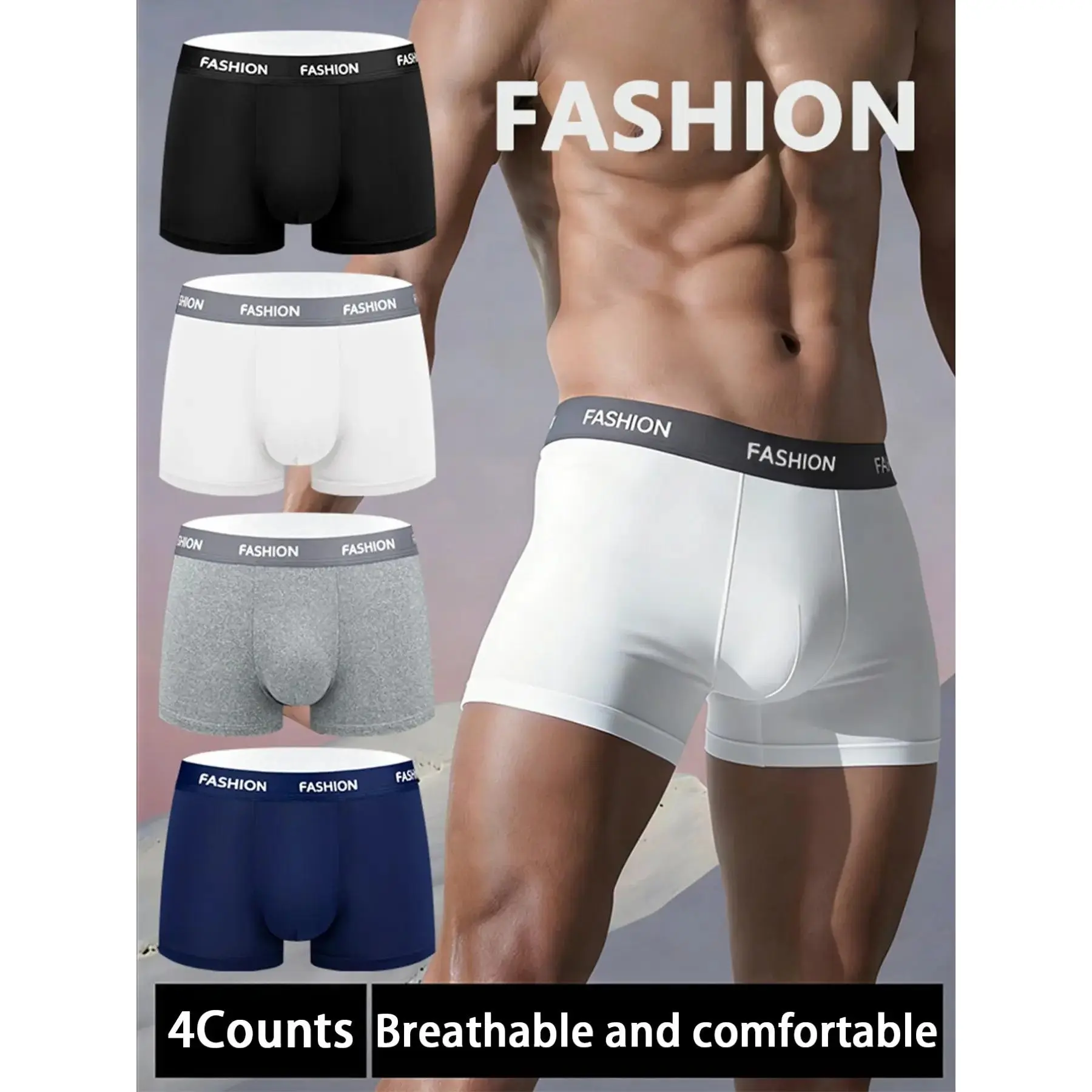 4 pcs men's solid color flat cornered underwear, Breathable Boxer shorts, loose, soft, comfortable, Casual Comfy Underwear, suitable for all seasons, daily home and exercise, Stretch Elastic Boxer Shorts