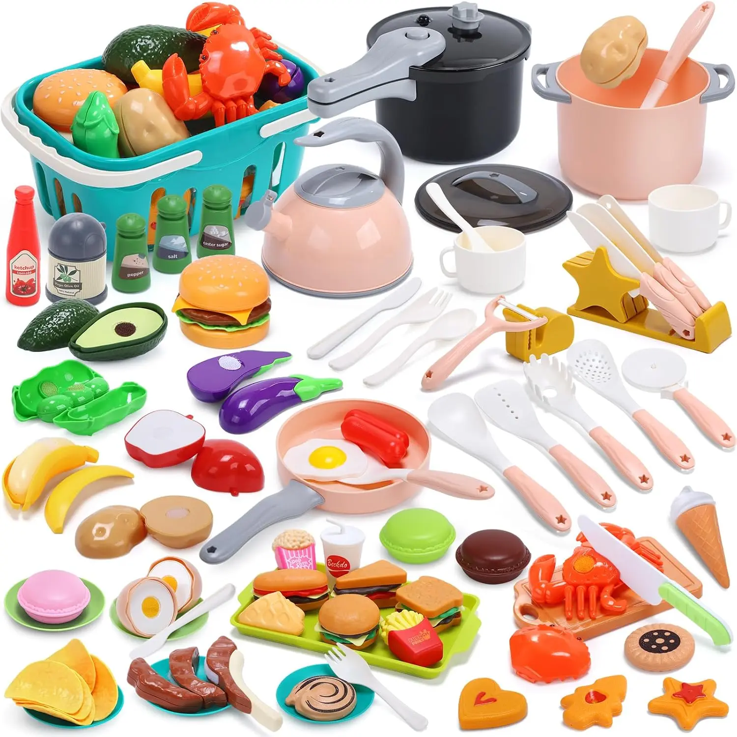 74-Pcs Kids Kitchen Toy Accessories with Shopping Basket | Pretend Play Cooking Set, Toy Pots and Pans, Utensils & Cookware, Cuttable Play Food & Fruit Vegetables