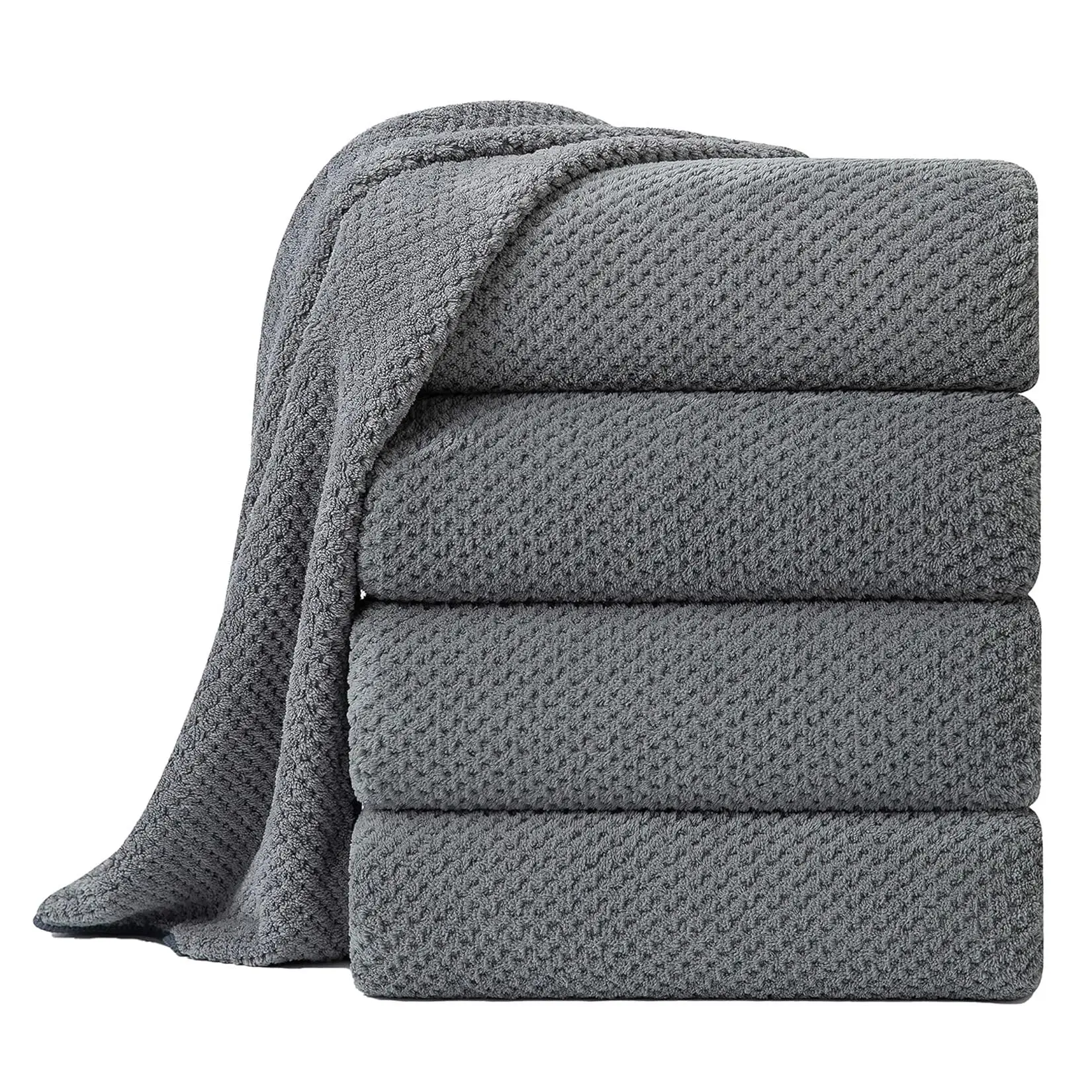 4-Pack Grey Textured Microfiber Shower Bath Towels Set, 35.4"×67" Extra Large Absorbent Quick-Dry Oversized Towels with Hanging Loop for Bathroom, Gym, Travel, Four Towels