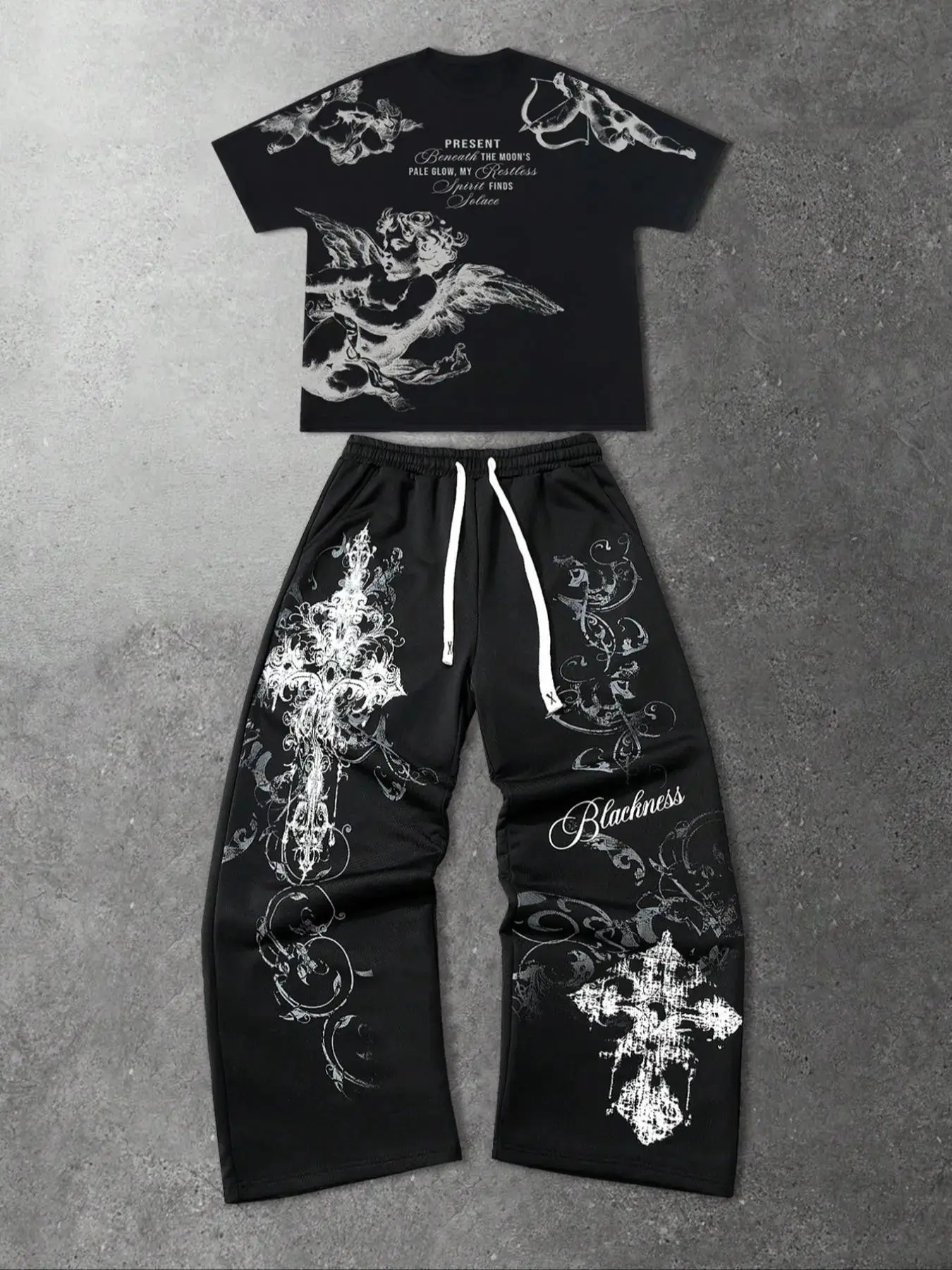 Vintage Angel Cross Print Set, Slim-Fit T-Shirt & Wide-Leg Pants, Gothic Style, Breathable Mesh Fabric, Streetwear, Clothes