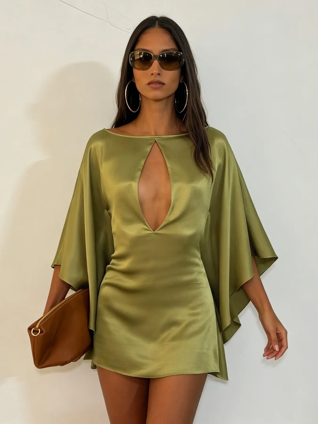 Women's Elegant Chic Flowy Batwing Sleeve Cut-Out Satin Dress, Summer Wear for Parties, Unique Olive Green Short Dress, Aziah Prom Dress, Perfect for Vacations and Dates