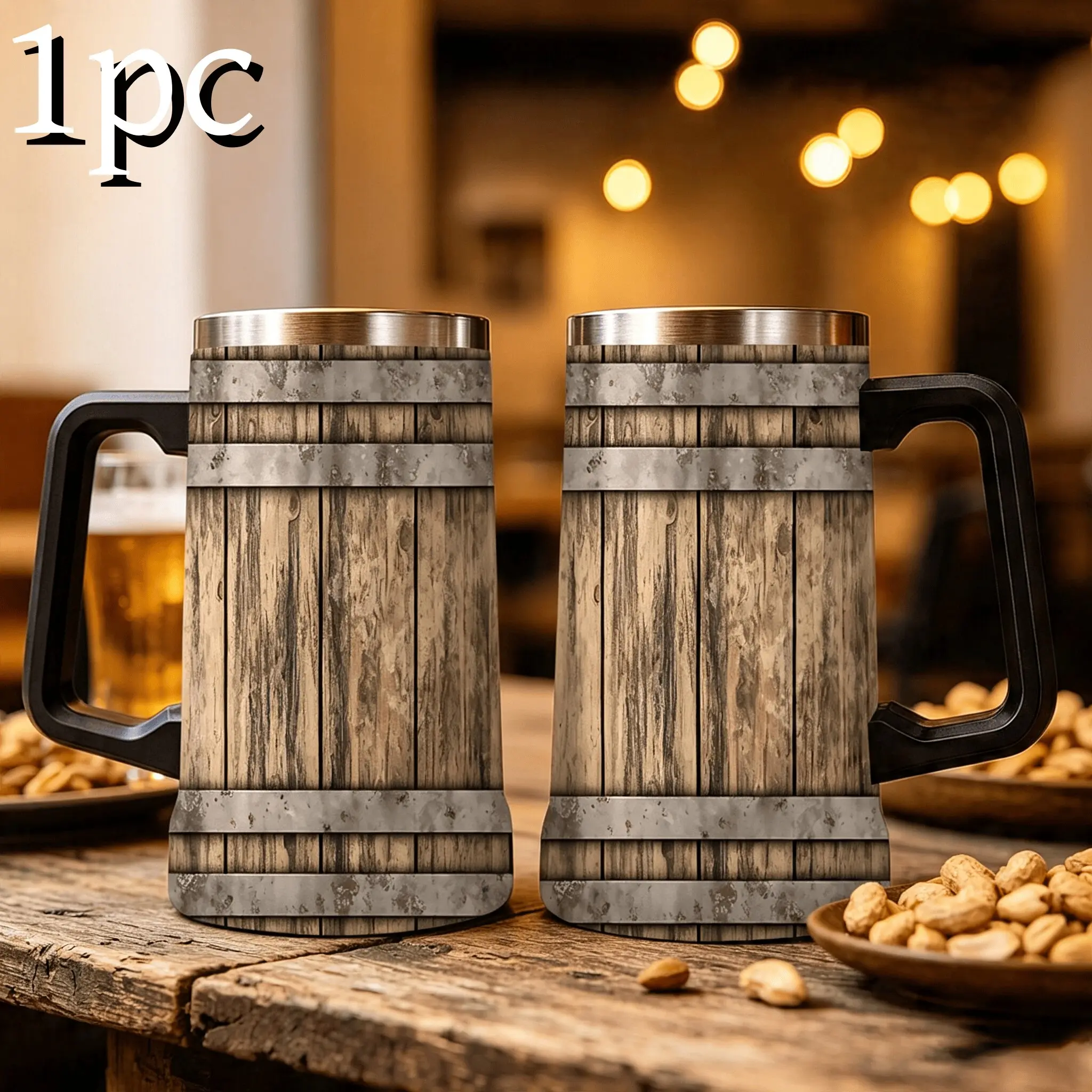 1pc 24oz Barrel Texture Stainless Steel Beer Mug With Big Handle, Vintage Rustic Wood Barrel Print Double Wall Insulated Travel Coffee Beer Cup, Leakproof Large Capacity Water Tumbler For Bar Pub Camping, Retro Western Gift For Men Beer Lovers