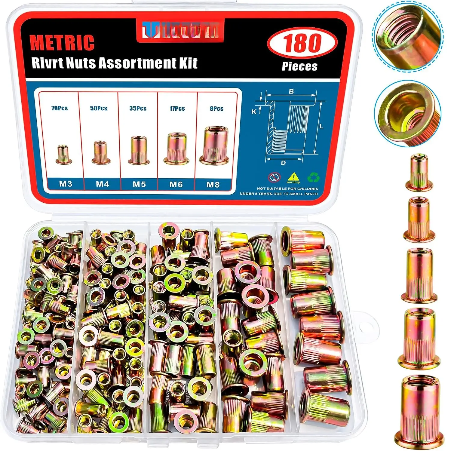 180 count Metric Rivet Nut  Kit, Zinc Plated Carbon Steel Rivnut Threaded Inserts  Set Nutserts, Sizes M3 M4 M5 M6 M8