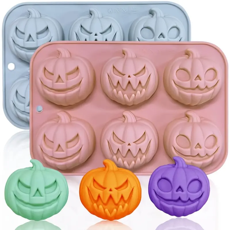 1pcs pumpkin chocolate mold, 6-cavity pumpkin silicone mold with 3 different shapes, reusable baking tools, used for cake candles, crayons, candy, fudge and soap cupcakes to decorate Halloween party props, and can be washed by dishwasher.