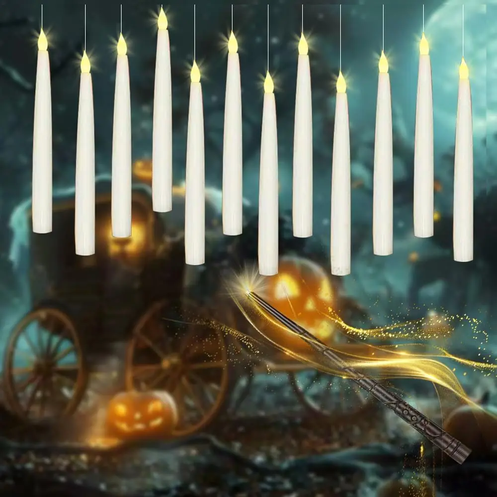 12 count Floating Candles with Wand, LED Flickering Warm Light Magic Deco Candle, Flameless Taper Candles  Operated for Halloween Party Decor with Wand Remote Candle Wand Remote