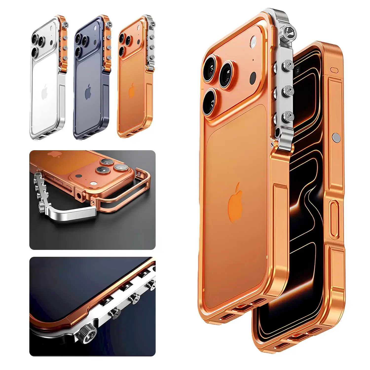 WANRUI_US Full Metal Bezel Bumper Case for iPhone 17 Pro Max / 16 Pro Max 17 16 Pro 16 15 14 13, Full-Frame Armor Aluminum Alloy Bumper No Back Cover, Punk armor style, Mechanical Screw Button Design, Minimalist Bare-Hand Feel Fit Lightweight Shockproof