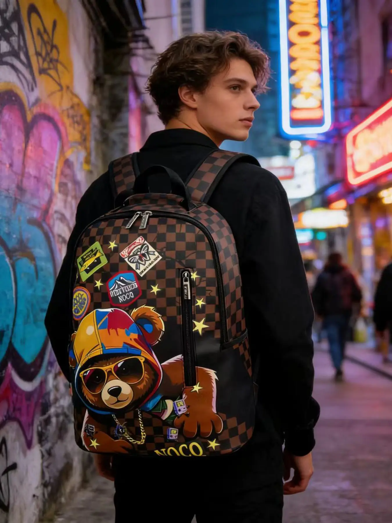 Cartoon Cool Bear Checkered Backpack, Street Style Large Capacity Laptop Bag, Student Commute Travel Bookbag, Trendy Dual Shoulder Pack