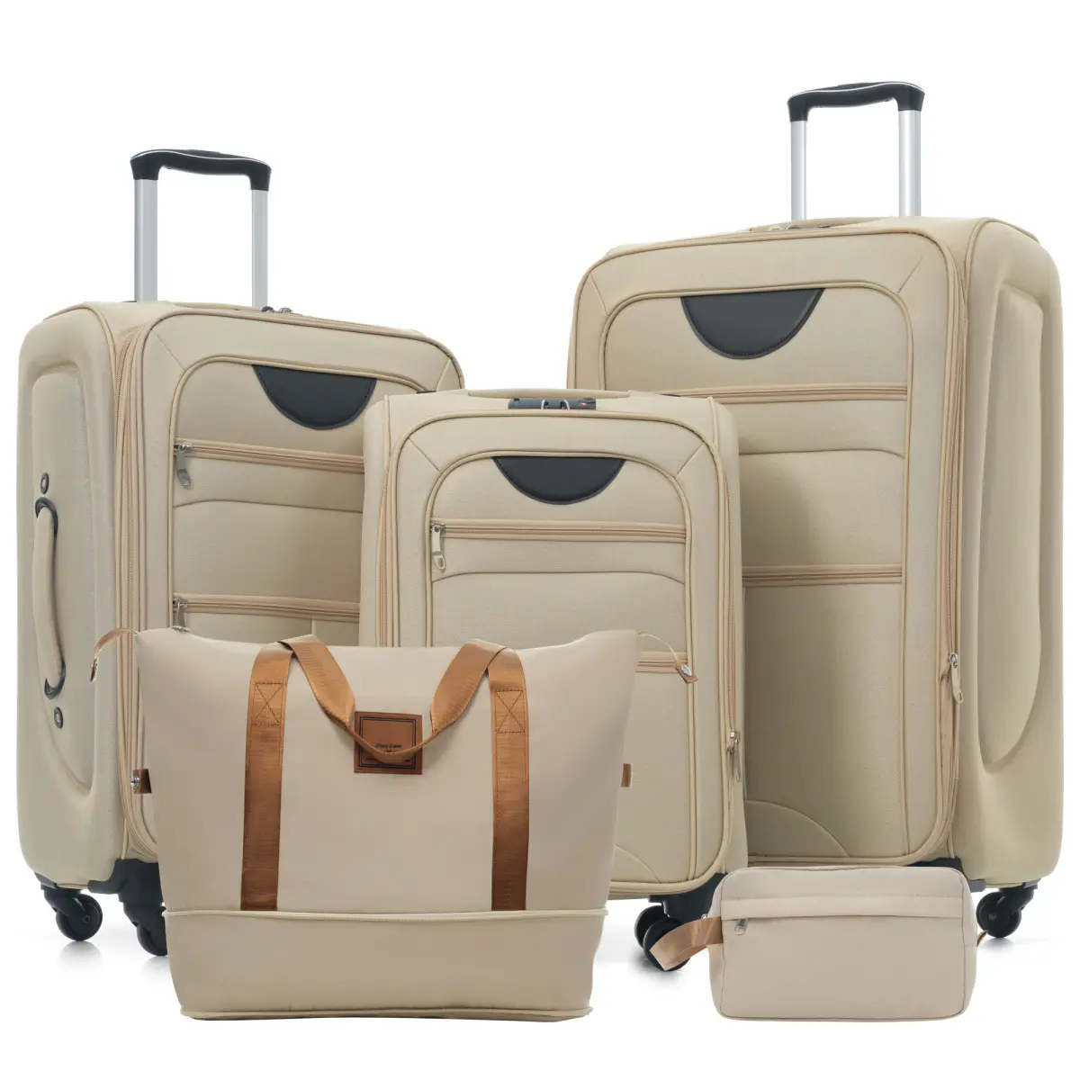 Softside Luggage Set 5 Pieces, Expandable Suitcase with Duffel Bag Upright Spinner Softshell Lightweight Luggage Travel Set-22/26/30 IN,khaki