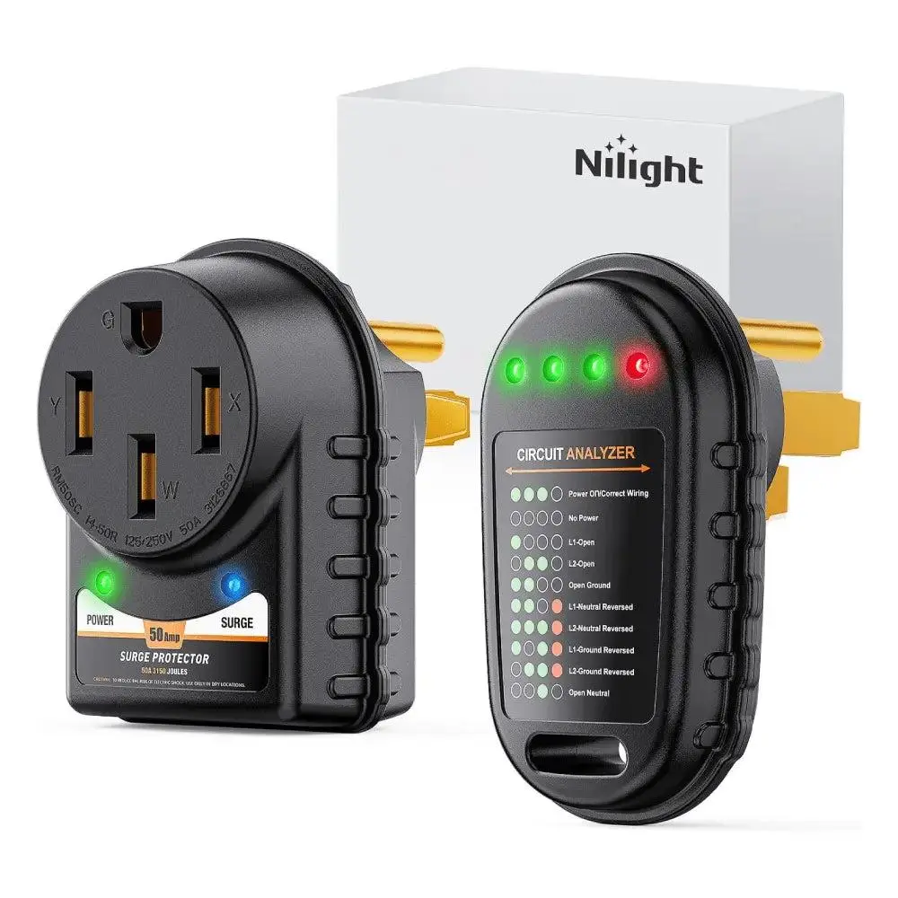 Nilight 50A RV Surge Protector 50A Circuit Tester - Pure Copper, 45000A Max Spike, 6250W, 125/250V NEMA 14-50R Female for RV Owners, Campers, Trailers, 50 Amp Nema 14-50R Femal Receptacle