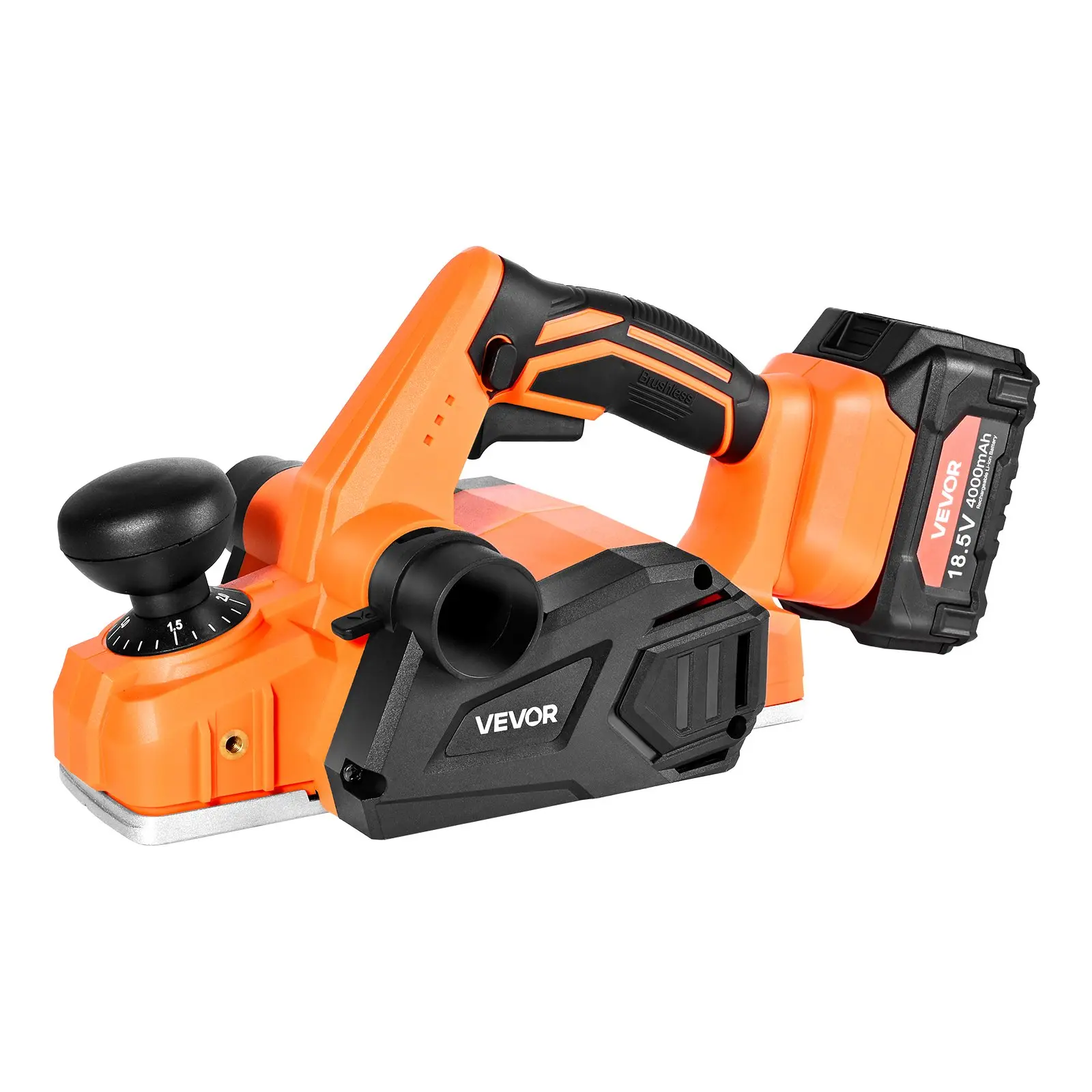 VEVOR 18V Cordless Handheld Planer, 3-1/4-in Cut Width, 15000 RPM Brushless Motor Planer with 4.0 Ah Lithium Battery, Dual-Switch Design, Adjustable Cut Depth, Dust Collection Bag, Accurate Chamfering & Chamfering Grooves for Woodworking