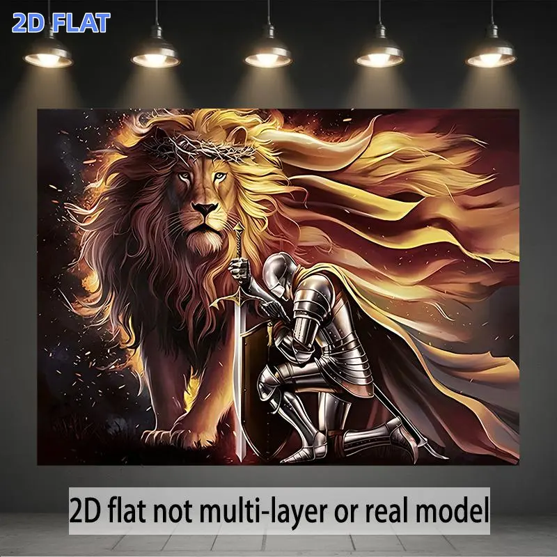2D Flat Banner 1pc, Medieval Lion & Knight Banner - Medieval Theme Party Decorations with Lion and Knight Characters Durable Fabric for Birthday Wedding Baptism Events All-Season Decoration for Parties Photo Studio Props Easy, Pho