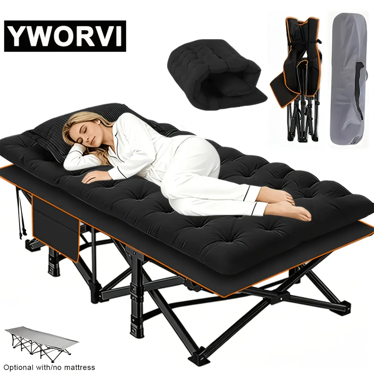 YWORVI Load-bearing Camping Bed, Comfortable Outdoor Folding Bed with Mattress & Side Pockets, Foldable Easy Storage Guest Bed for Courtyard, Terrace, Camping, Guest Room, Office Use