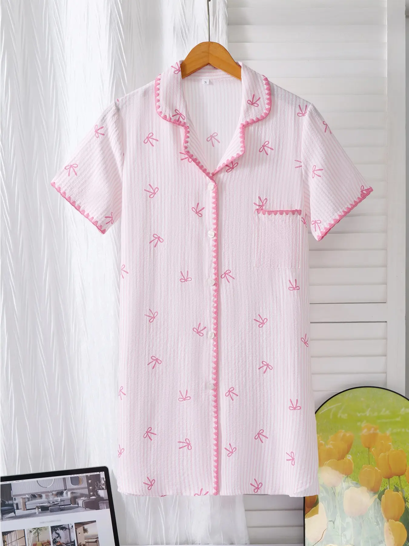 Women's Sweet Comfortable Simple Sleepwear, Striped Bow Short Sleeve Open Front Collared Nightgown, Home Wear, Cozy Lounge, Cute, Loose