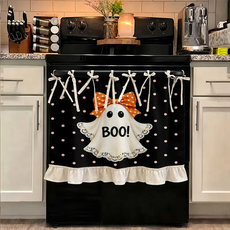Halloween Kitchen Oven Curtain with Cute Ghost & Polka Dot Patterns, Boo Lettering, Lace Fabric Tie Design, for Ovens, Microwaves & Stoves, Home Holiday Decoration